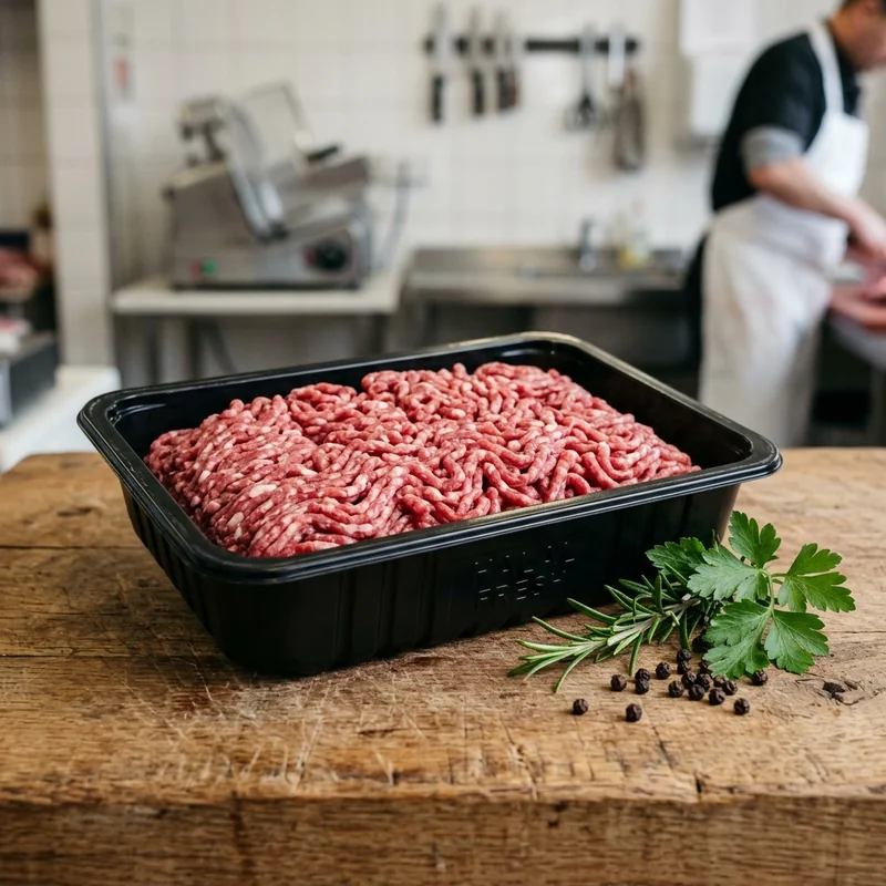 Freshly ground halal beef and sheep mince keema in packaging tray per kg London wholesale